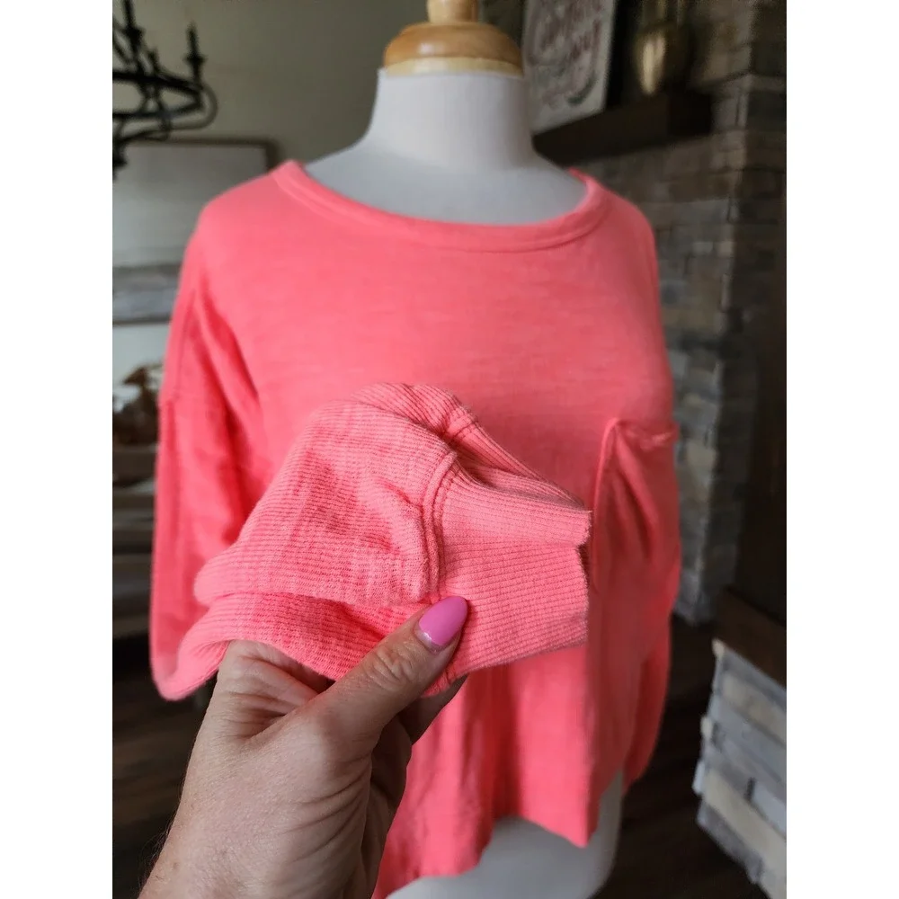 Aerie Coral‎ Pink Cropped Long Sleeve Pocket T Shirt Women Size S
